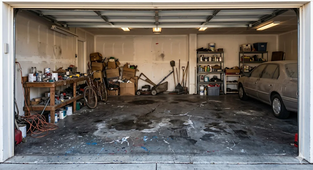 Before: stained, worn concrete garage floor