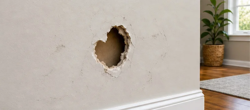 Before: living room wall with a hole in the drywall